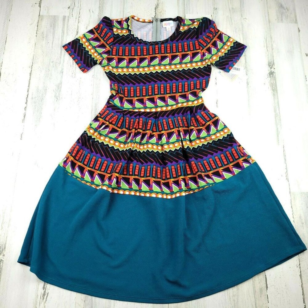 LuLaRoe Amelia Dress XS NWT Geometric Print Blue Black Fit & Flare Midi Dress